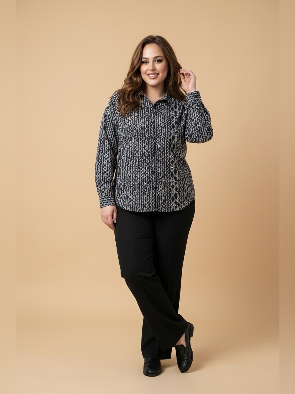 Roaman's 5x Cotton Polyester button-up long-sleeve geometric IKat Print Shirt